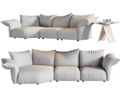 现代布艺多人沙发、边几