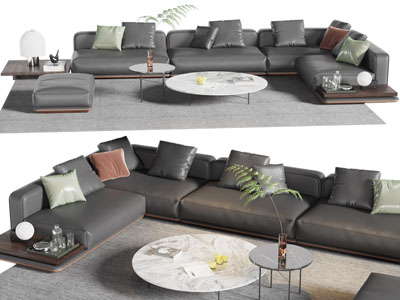 现代转角多人沙发、沙发凳和茶几组合