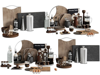 现代调味瓶、砧板、油壶厨具组合