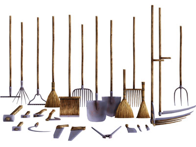 现代镰刀、铲子和耙子农具组合