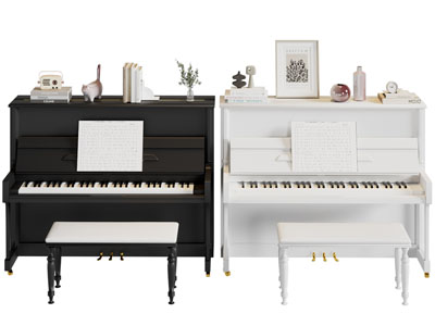 现代黑色、白色钢琴、琴凳