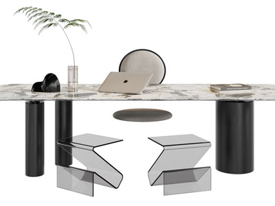 现代椭圆形大理石书桌椅组合