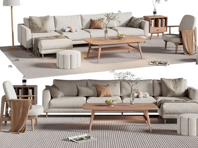北欧布艺多人沙发、休闲椅子和茶几组合
