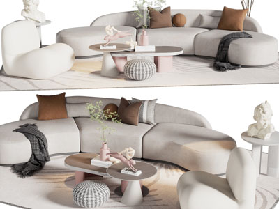 现代弧形多人、单人沙发和茶几组合