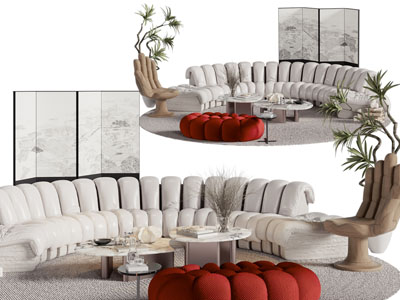 侘寂风弧形多人沙发、休闲椅子和茶几组合