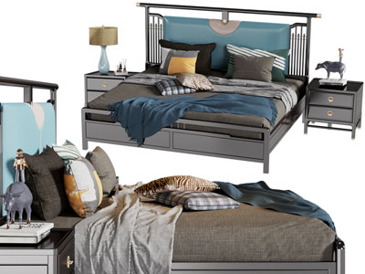 新中式双人床、床头柜