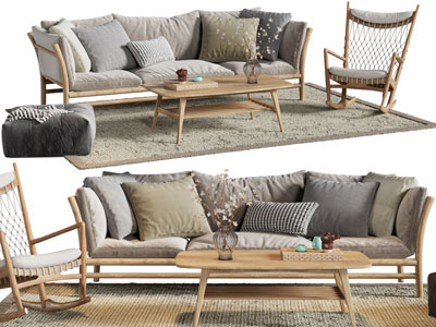 北欧实木多人沙发和茶几组合