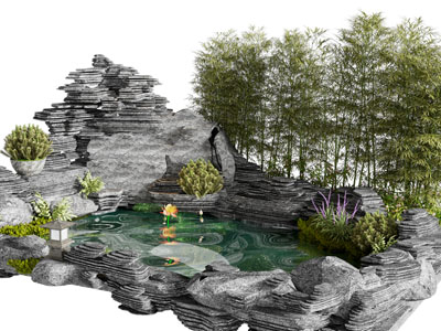 新中式水池、竹子、荷花景观园艺小品