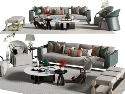 新中式多人、单人沙发、沙发凳和茶几组合