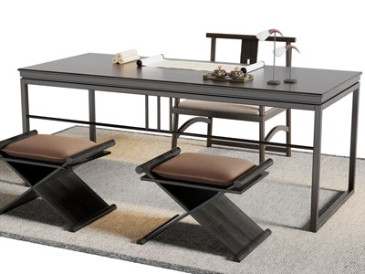 新中式长方形书桌椅组合