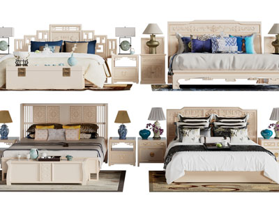 新中式实木双人床、床头柜