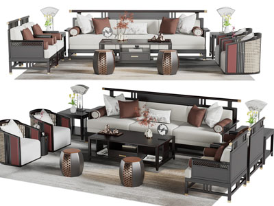新中式多人、单人沙发、茶几组合