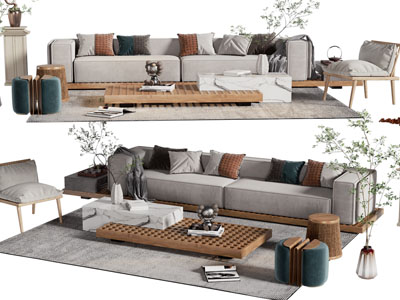 新中式双人沙发、休闲椅和茶几组合