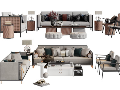 新中式多人、双人沙发、休闲椅和茶几组合