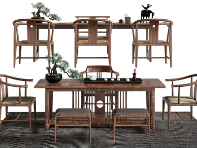 新中式长方形茶桌椅组合