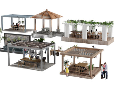 新中式户外凉亭、餐桌椅组合