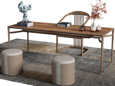 新中式实木长方形书桌椅组合