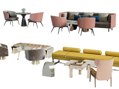 现代多人沙发、休闲椅子和茶几组合