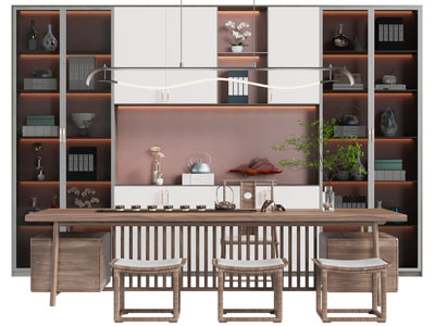 新中式装饰柜、茶桌椅组合