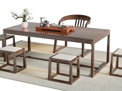 新中式实木长方形茶桌椅组合