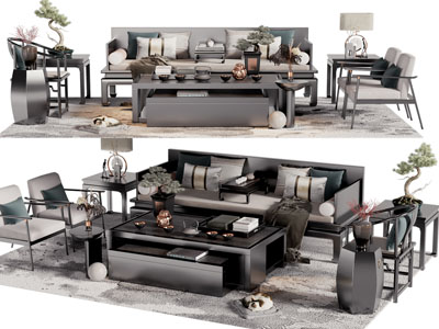 新中式多人沙发、休闲椅子和茶几组合