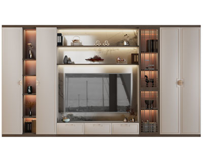 新中式带装饰柜的电视背景墙