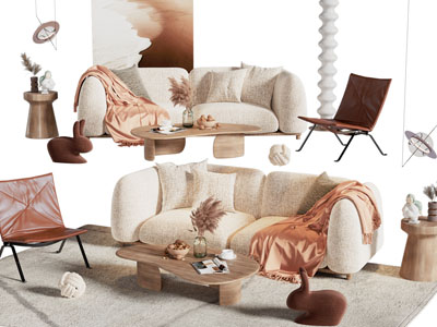 侘寂风双人沙发、休闲椅子和茶几组合