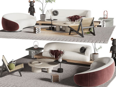 侘寂风多人沙发、休闲椅子和茶几组合