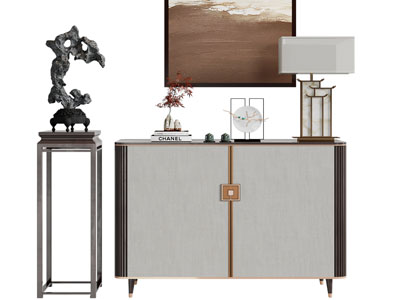 新中式玄关柜、边柜、花架假山摆件