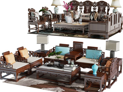 中式实木雕花罗汉床、单人沙发和茶几组合