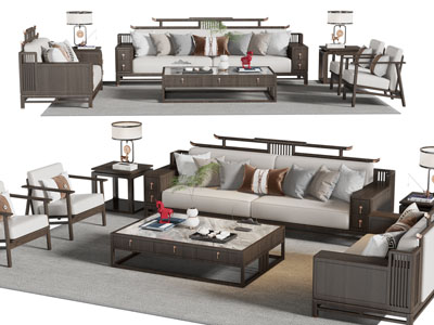 新中式双人沙发 单人沙发和茶几组合