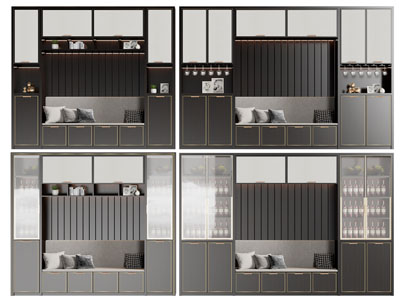 新中式带卡座的酒柜3d模型 新中式带卡座的酒柜