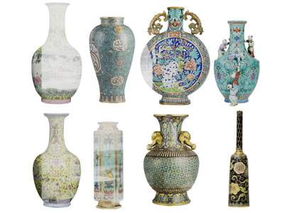 新中式装饰花纹的陶瓷器皿摆件组合