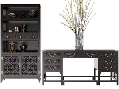 新中式中古风装饰柜、雕花书桌