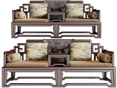 中式实木雕花罗汉床3d模型 中式实木雕花罗汉床
