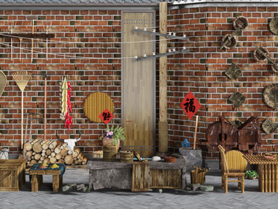 现代中国乡村农具、灶台摆件组合展览