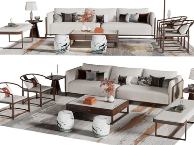 新中式双人沙发 圈椅和茶几组合