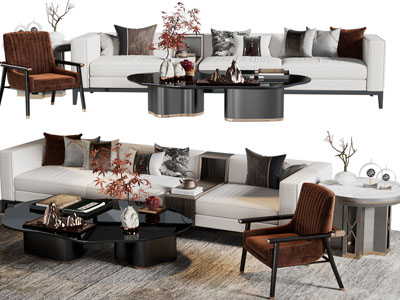 新中式多人沙发、休闲椅子和茶几边几组合