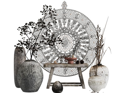 侘寂风陶艺干枝、墙饰挂件组合