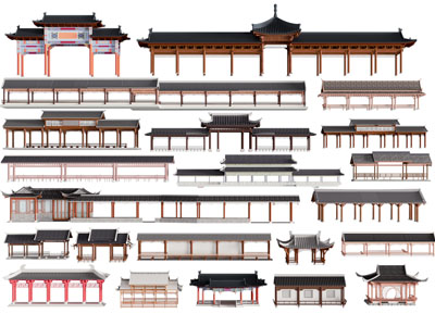 新中式仿古大门 亭子 连廊3d模型 新中式仿古大门 亭子 连廊