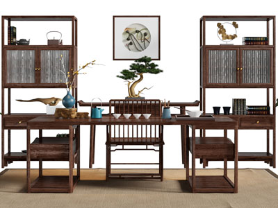 新中式茶桌椅组合、端景台、边柜