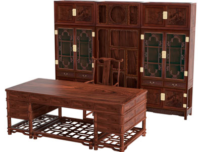 新中式雕花实木书柜、书桌椅组合