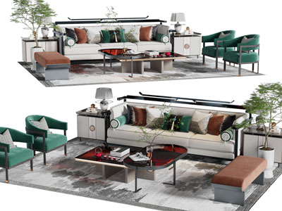 新中式多人沙发、休闲椅子和茶几组合