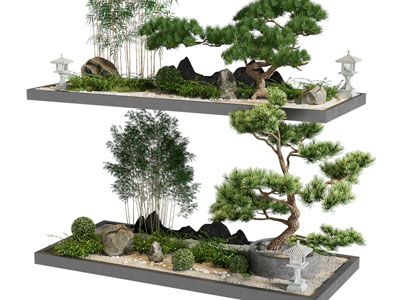 新中式松树、石头、绿植景观园艺小品