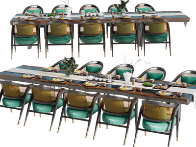 新中式加长餐桌椅组合