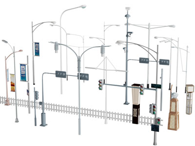 现代路灯、围栏
