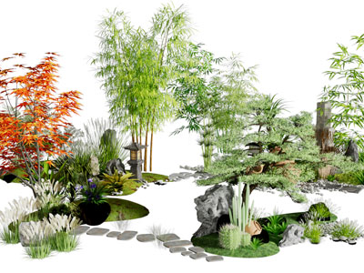 新中式公园石径 竹子 花草景观园艺小品