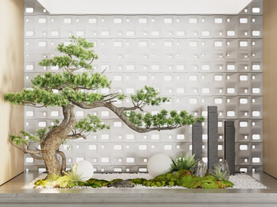 新中式松树 石子 花草室内景观园艺小品