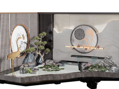 新中式室内水景 松树 仙鹤景观园艺小品