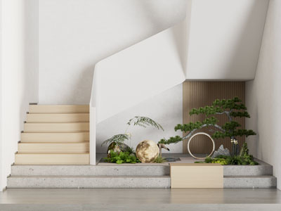 新中式楼梯间松树 月球灯 石头室内景观园艺小品